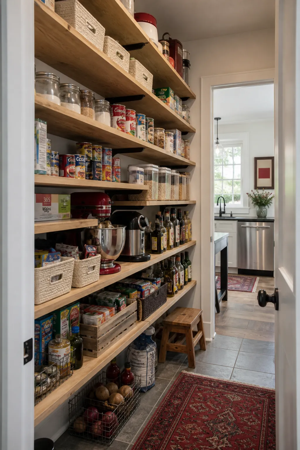 Walk in pantry shelves showing mock up shelves with your real groceries