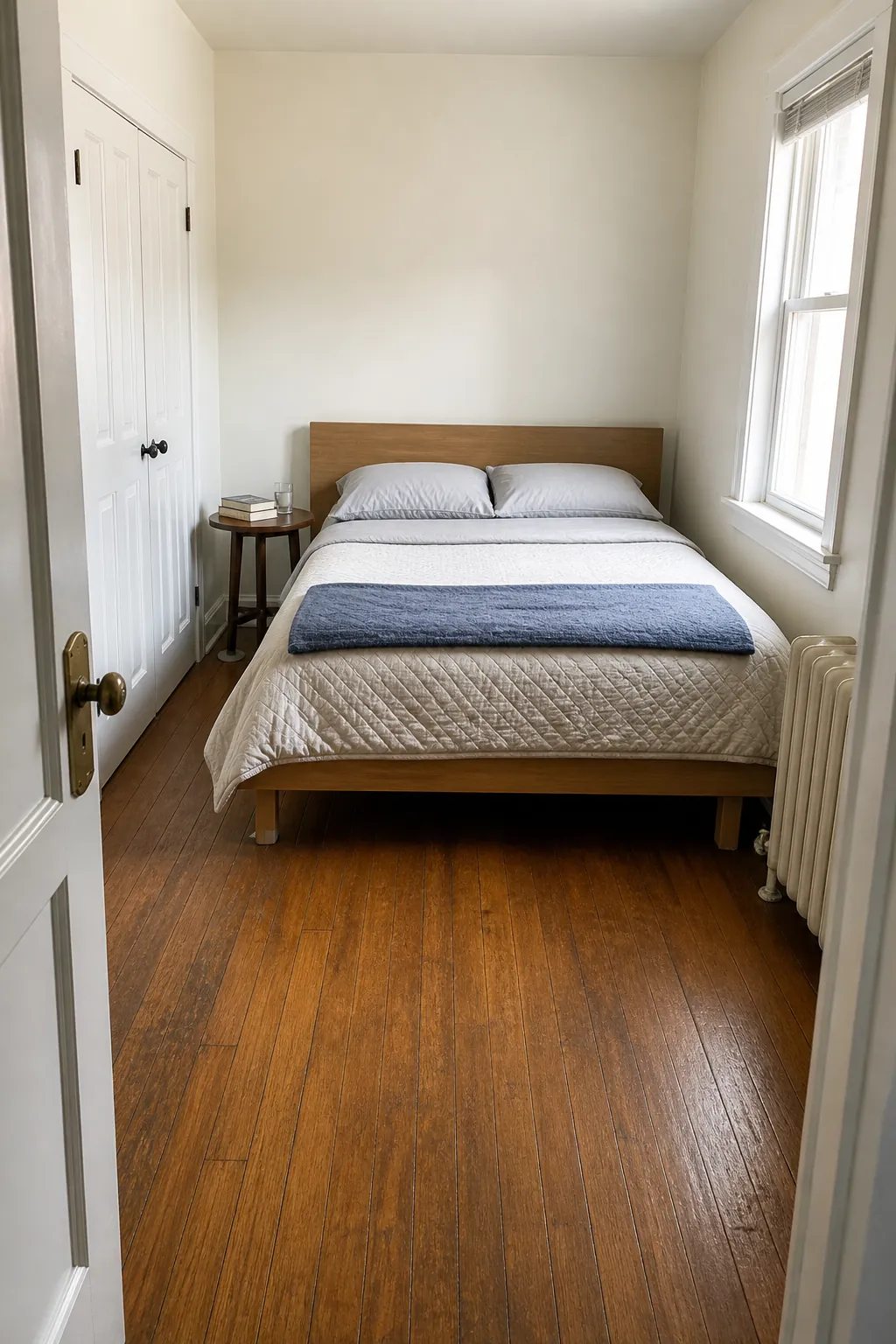 Bed centered on the short wall of a compact apartment bedroom