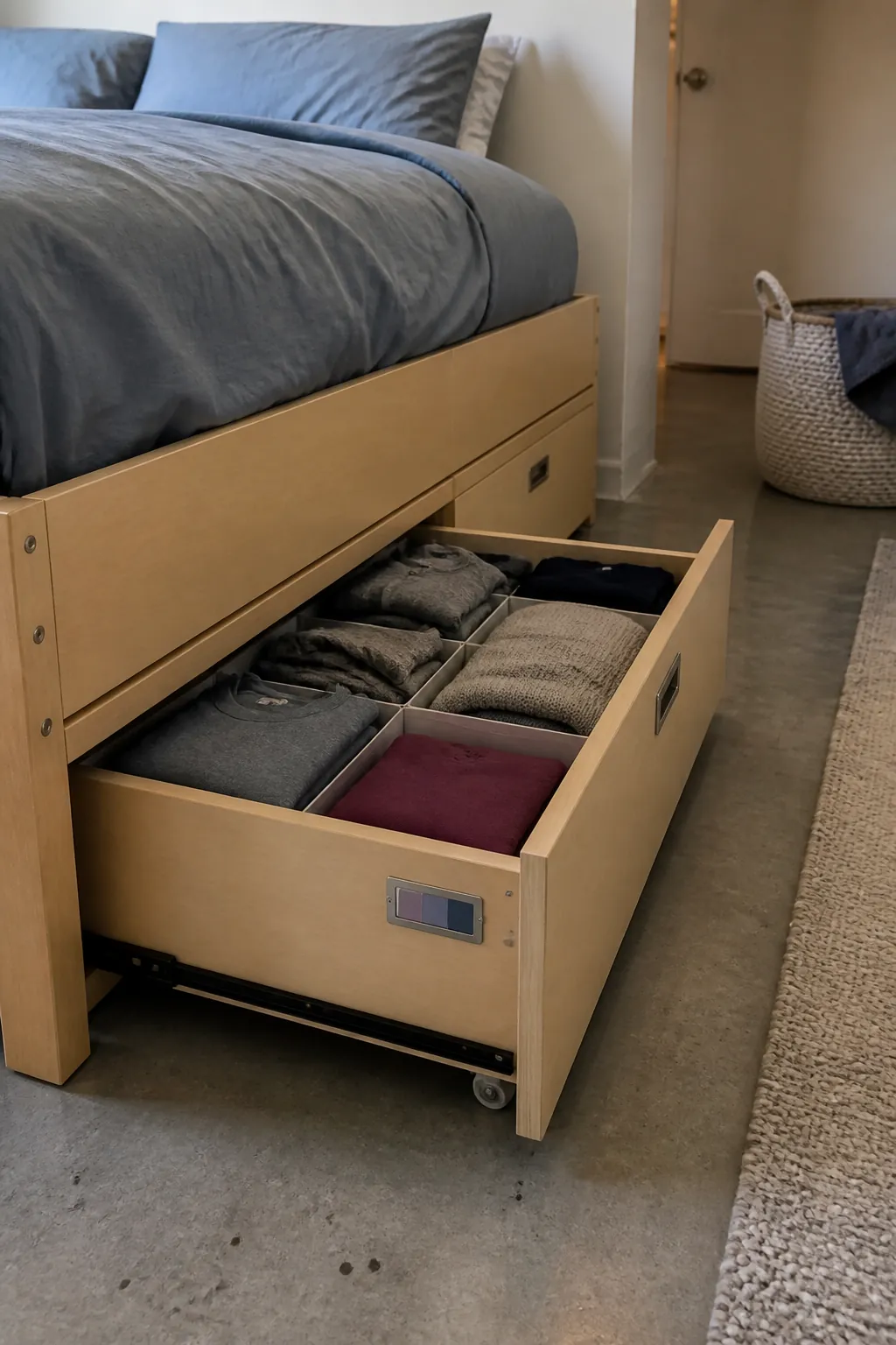 Platform bed with accessible clothing drawers in a tiny bedroom