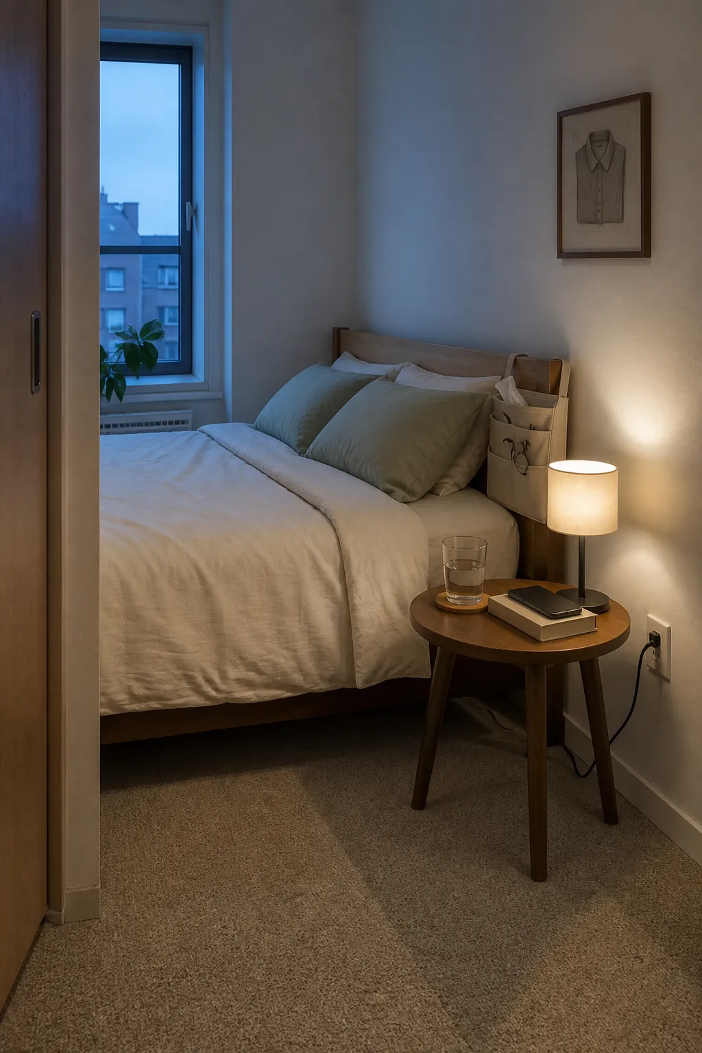 One compact nightstand preserving space beside an apartment bed