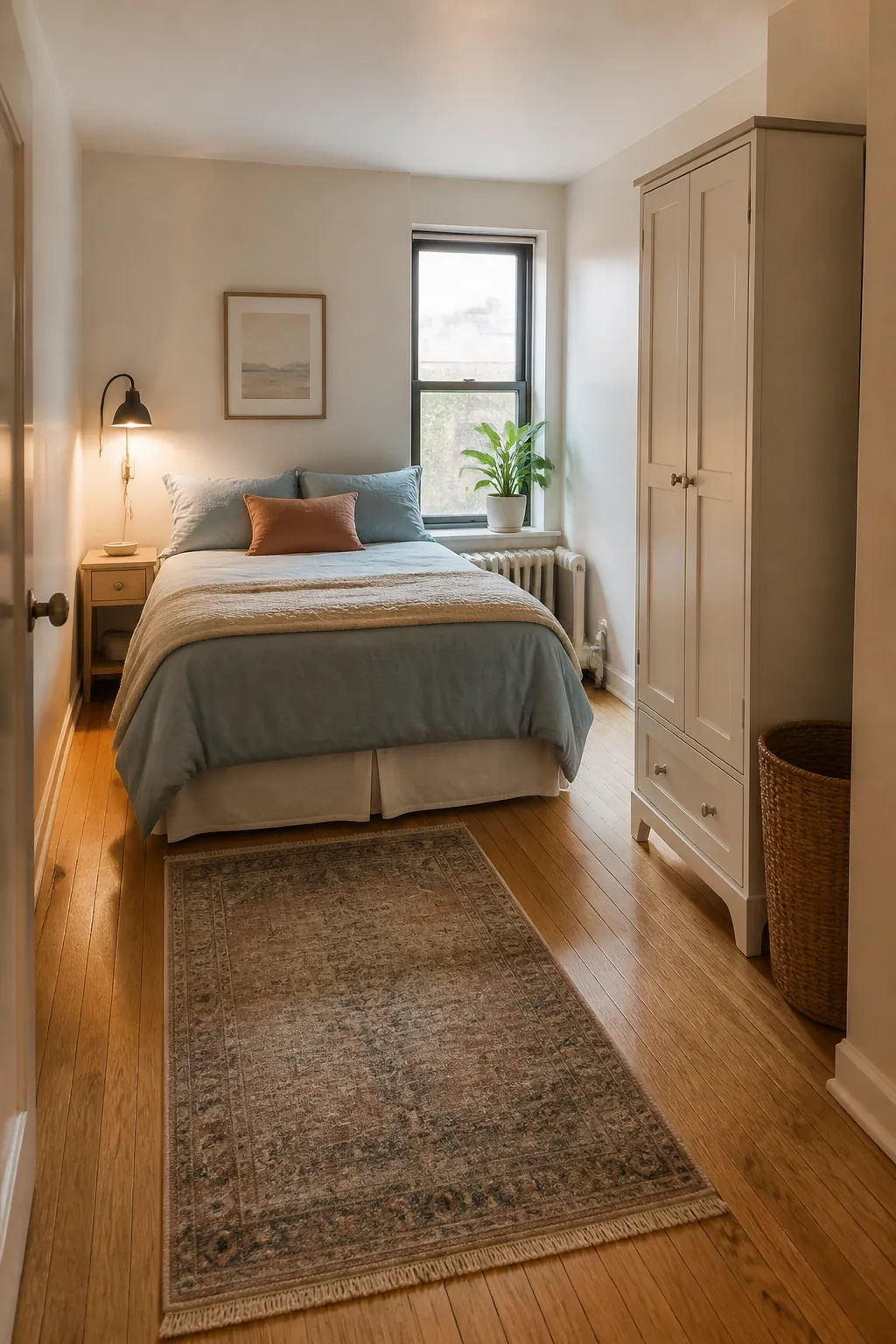 Calm and organized small apartment bedroom inspiration