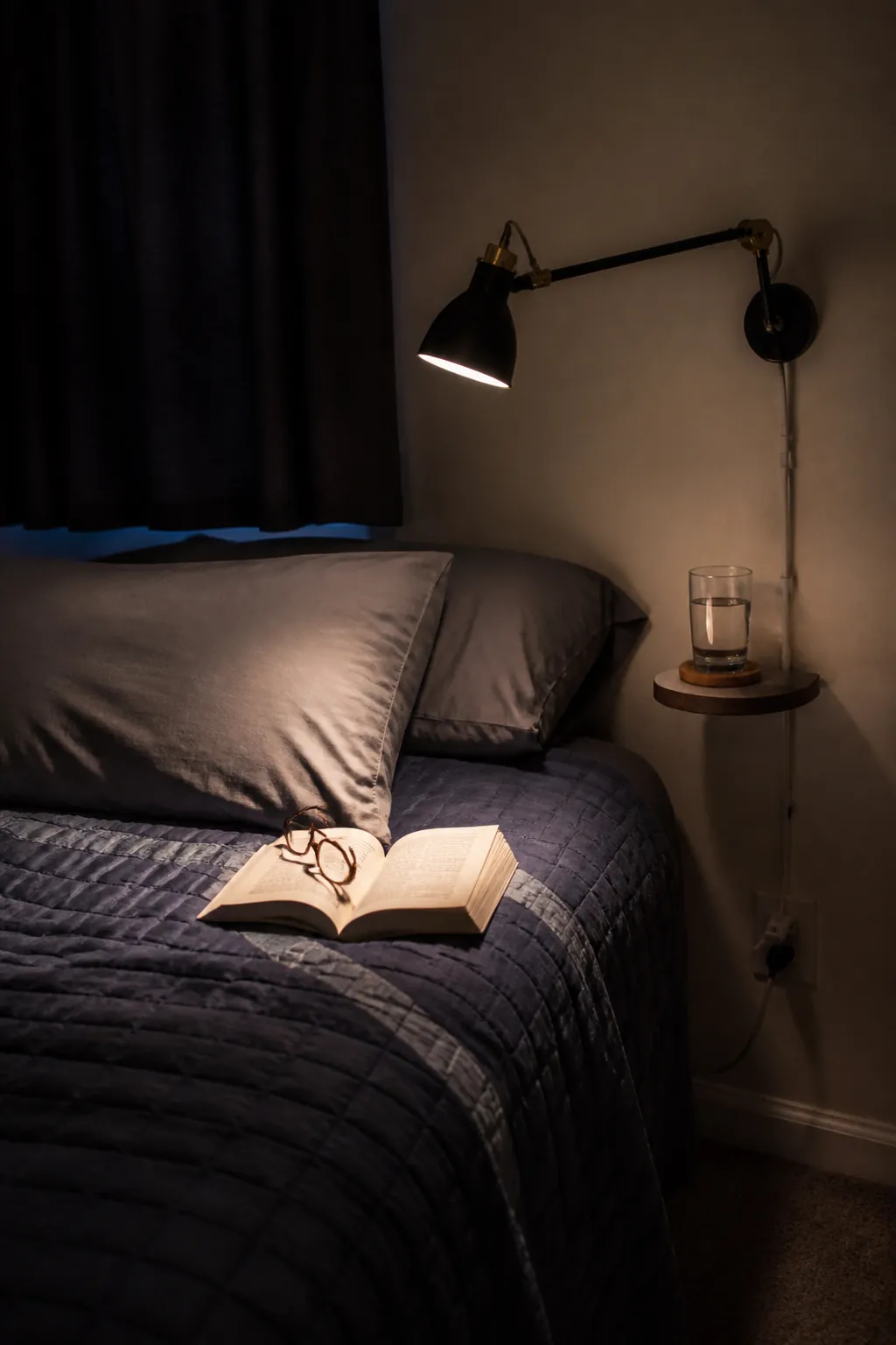 Renter friendly plug in sconce lighting a small apartment bed