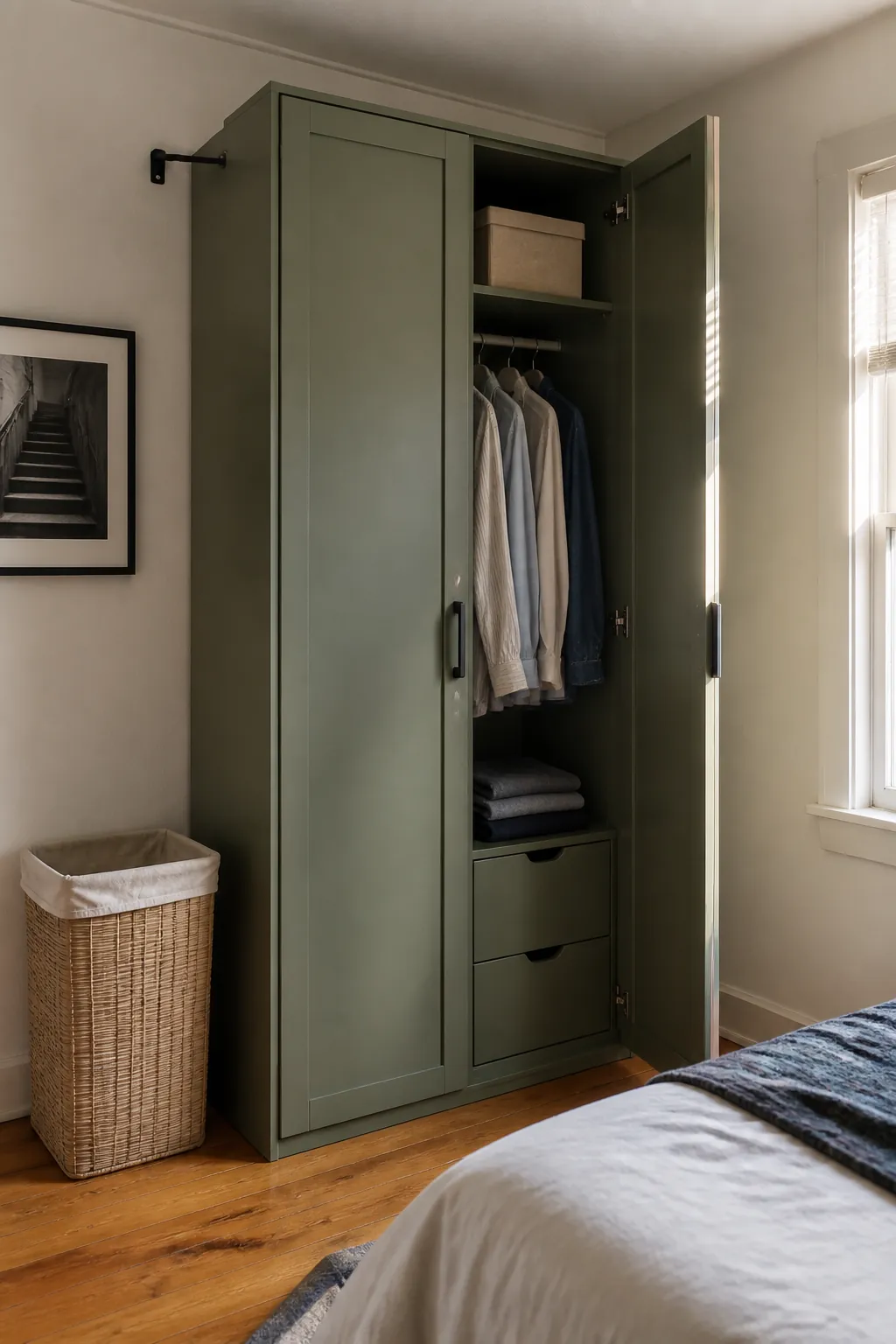 Tall closed wardrobe adding vertical storage to a small bedroom