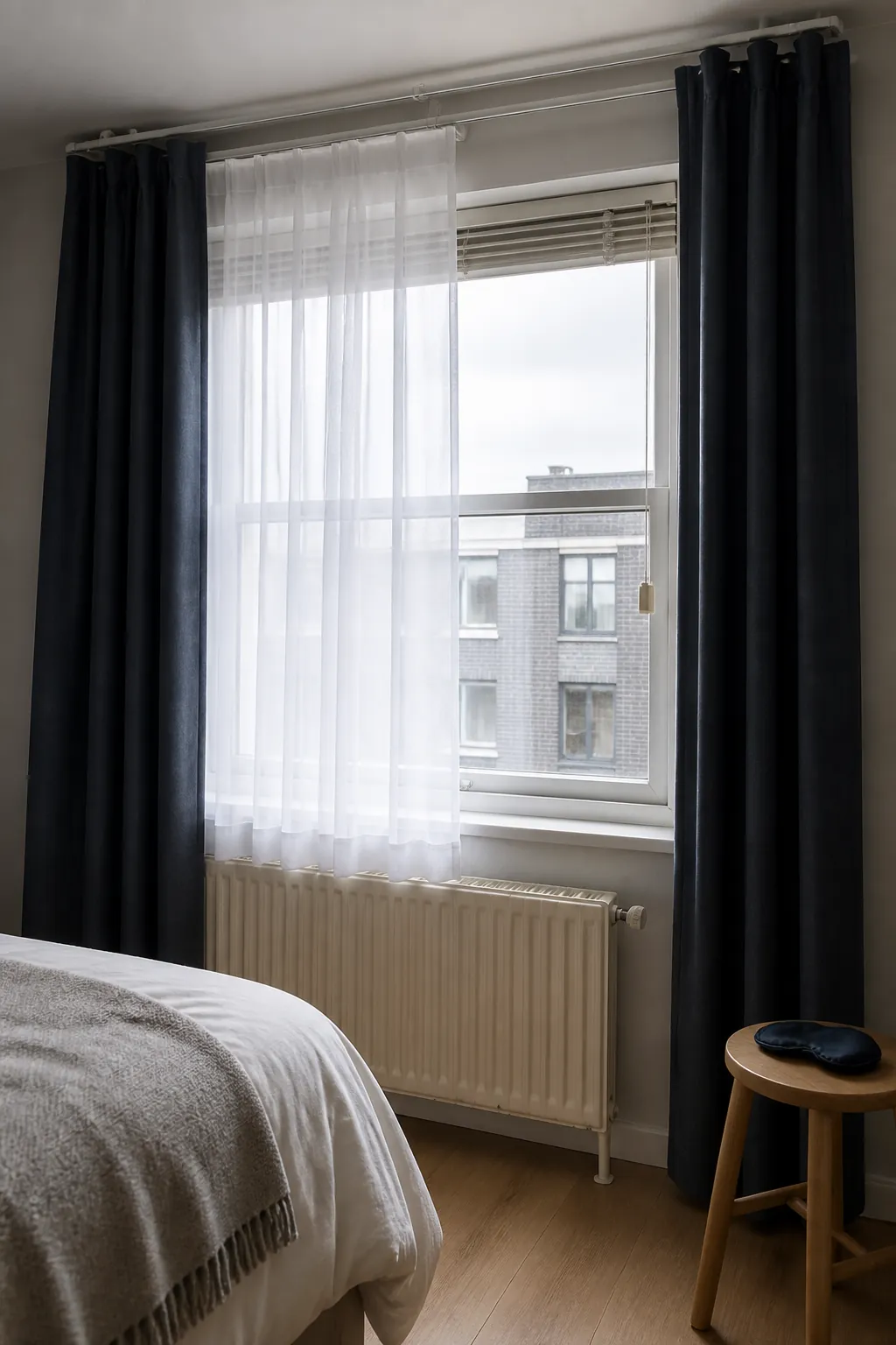 Sheer and blackout curtains layered at a small bedroom window