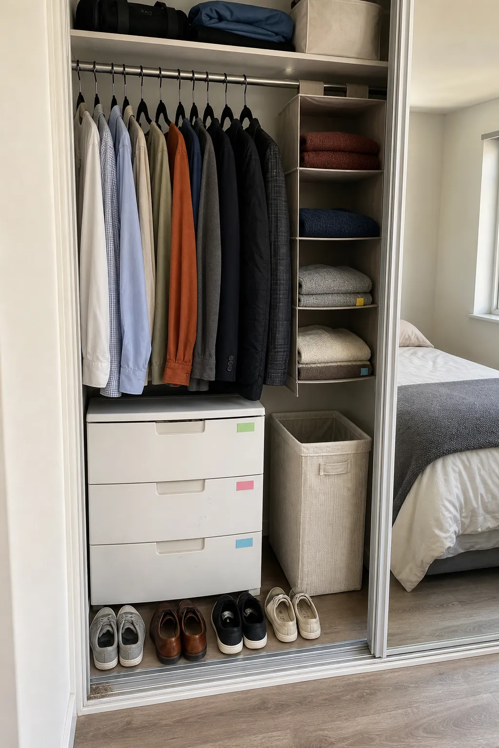 Compact apartment closet organized with drawers and slim hangers