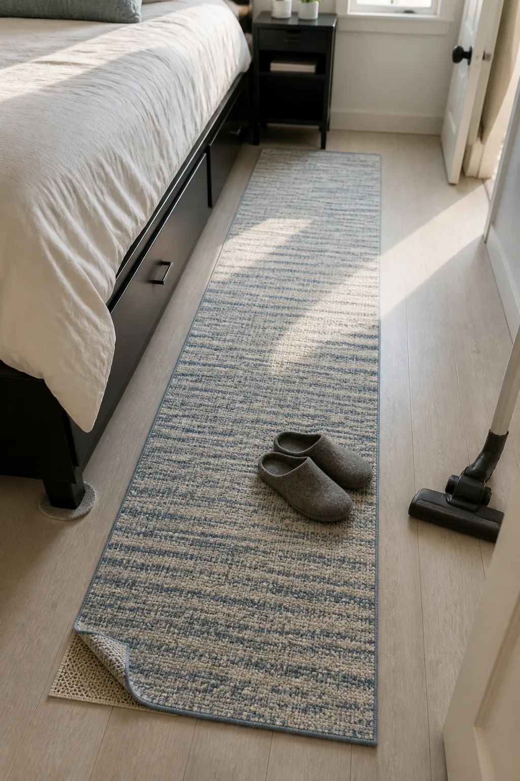 Washable low pile runner beside a compact apartment bed