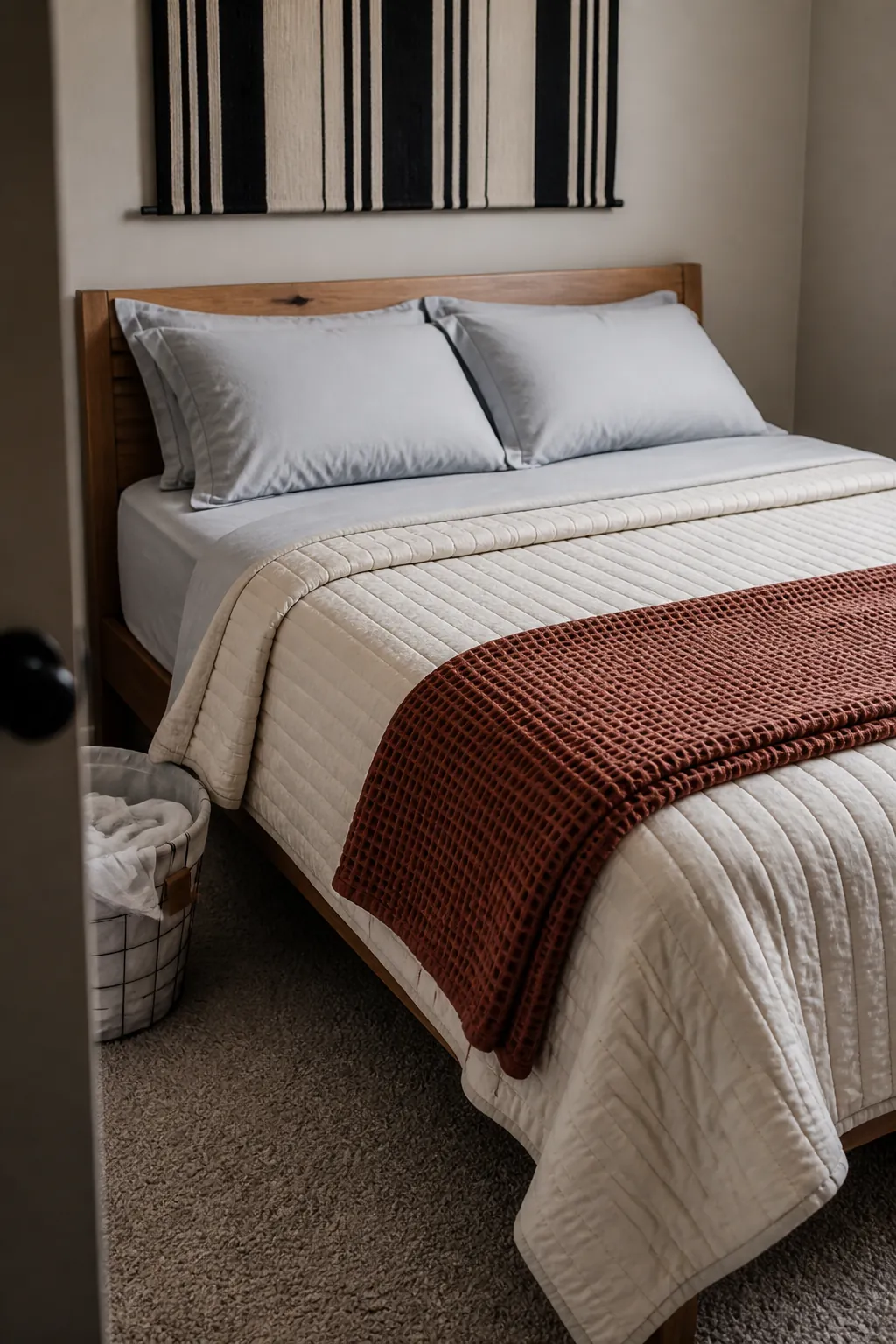 Three practical bedding layers warming a small apartment bedroom