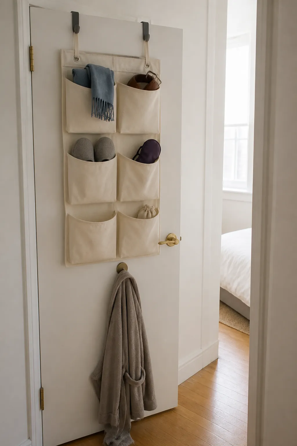 Shallow over door organizer storing bedroom accessories