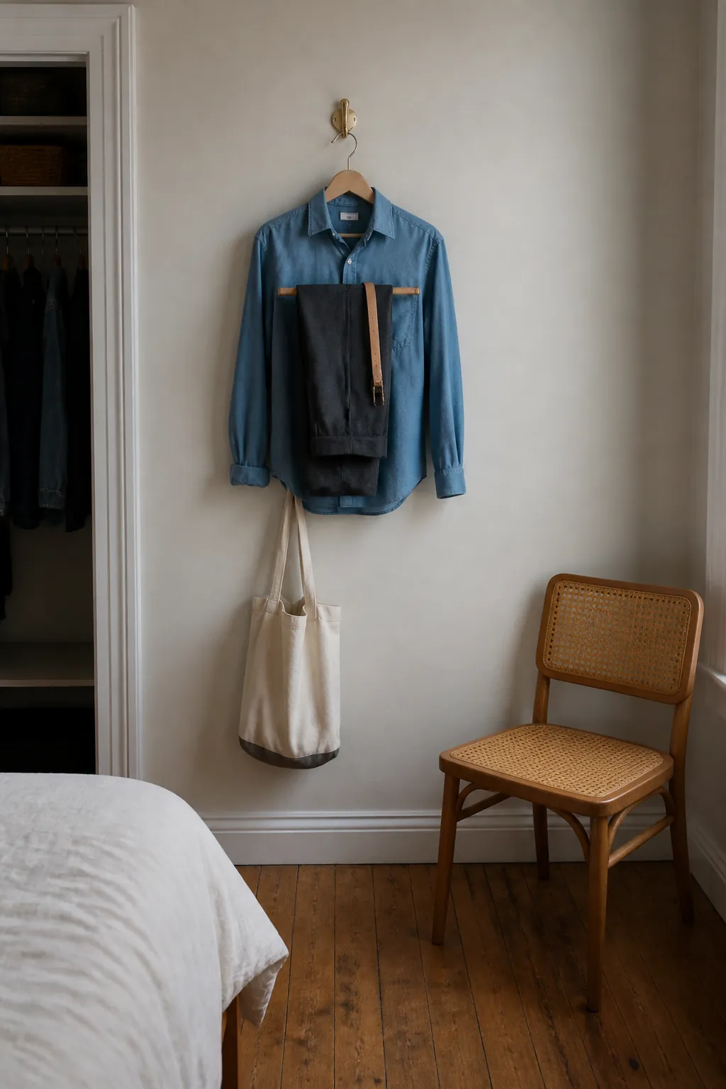 Single renter friendly hook holding tomorrow's outfit neatly