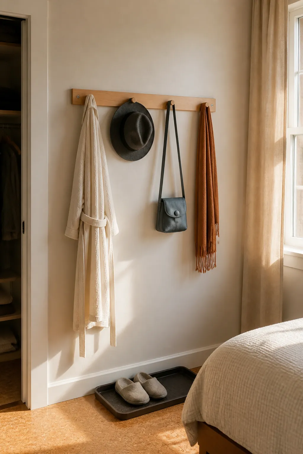 Short peg rail organizing daily accessories in a compact bedroom