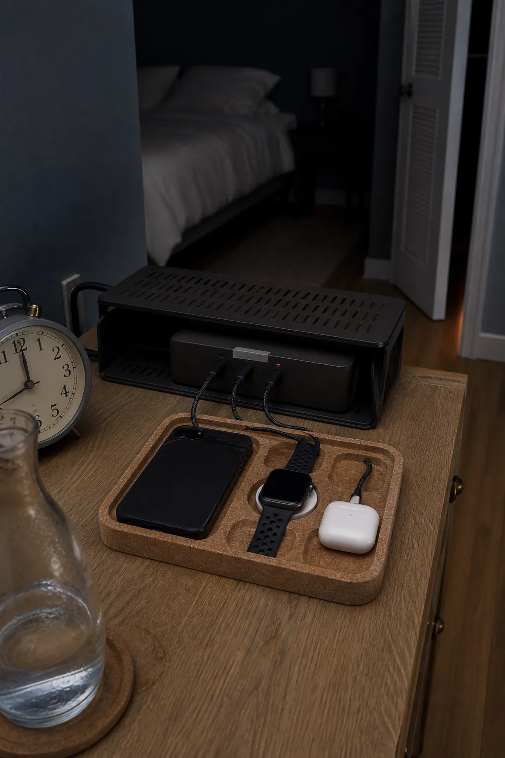 Organized quiet charging station away from a small apartment bed