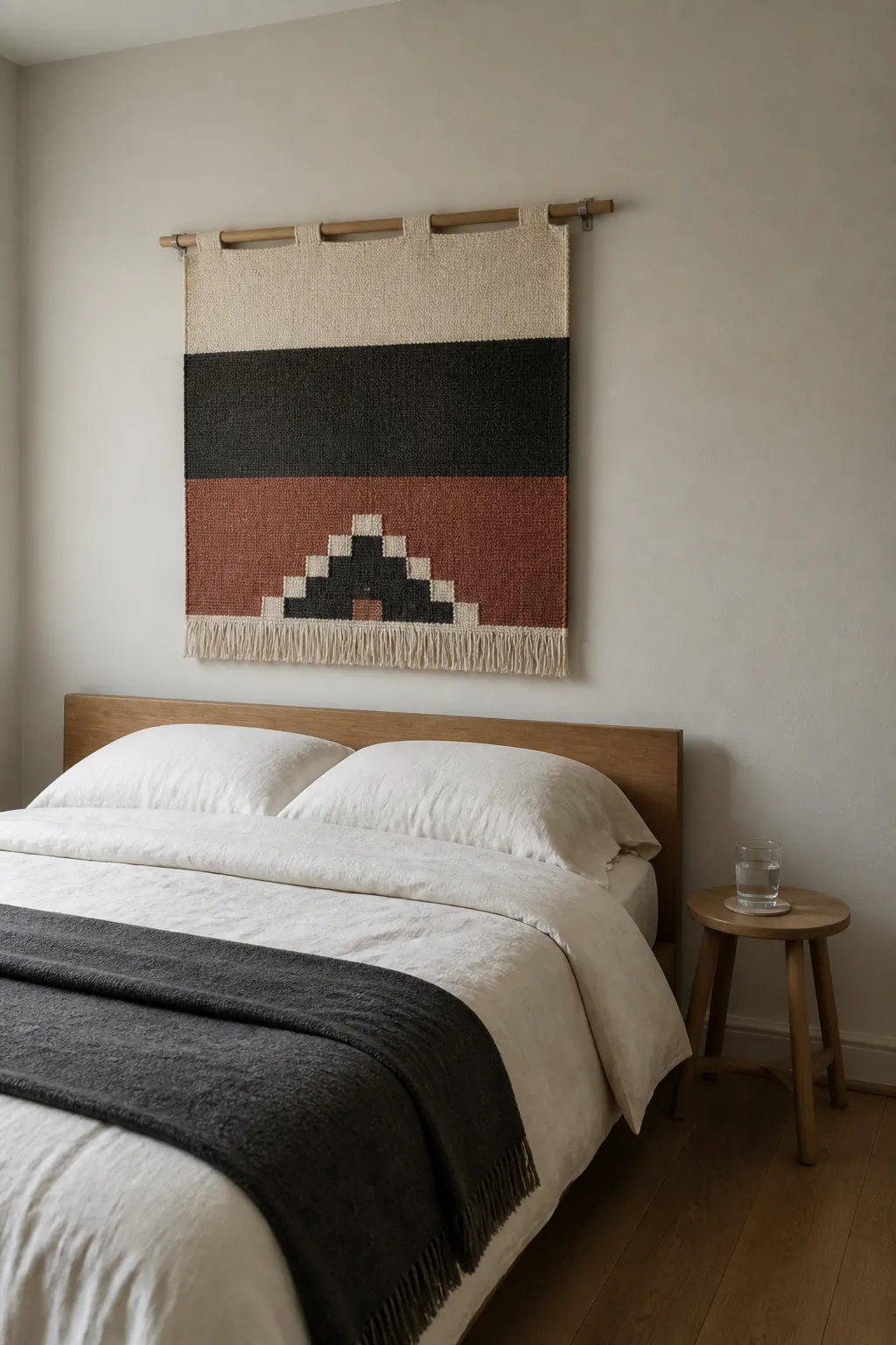 Large woven geometric panel adding calm apartment bedroom character