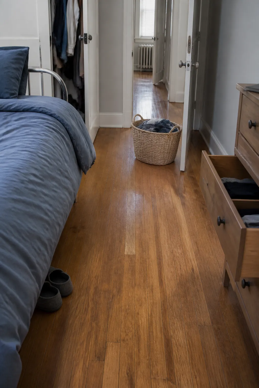 Clear walkway preserved at the foot of a small apartment bed