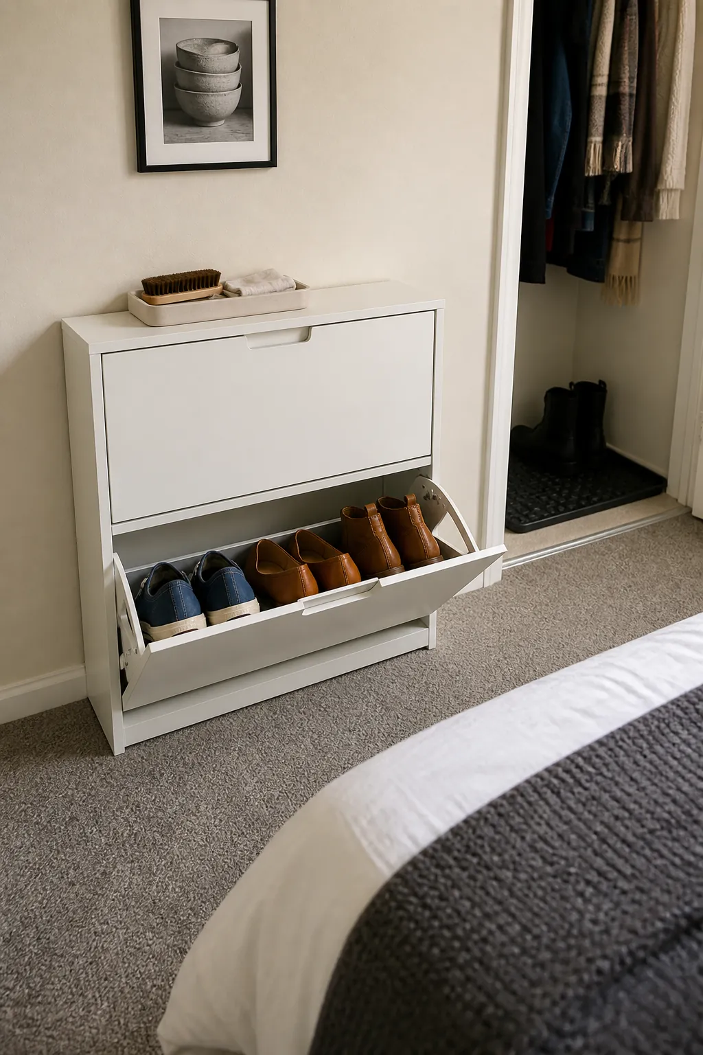 Low closed shoe cabinet reducing clutter in a tiny bedroom