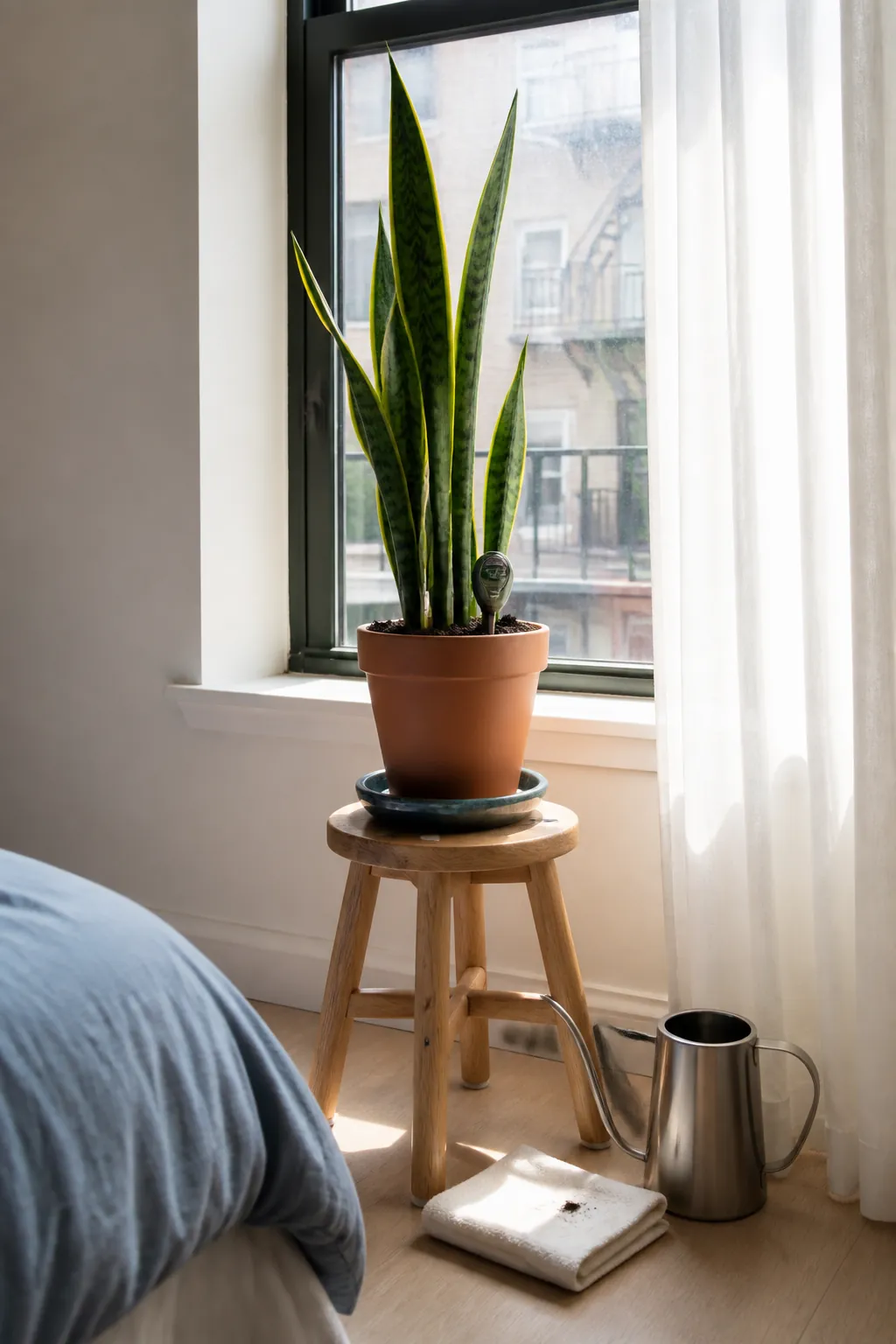One healthy houseplant using natural light in a tiny bedroom
