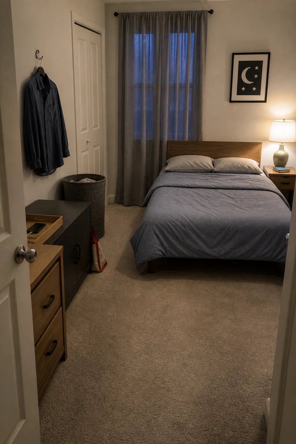 Calm compact bedroom after a practical evening floor reset