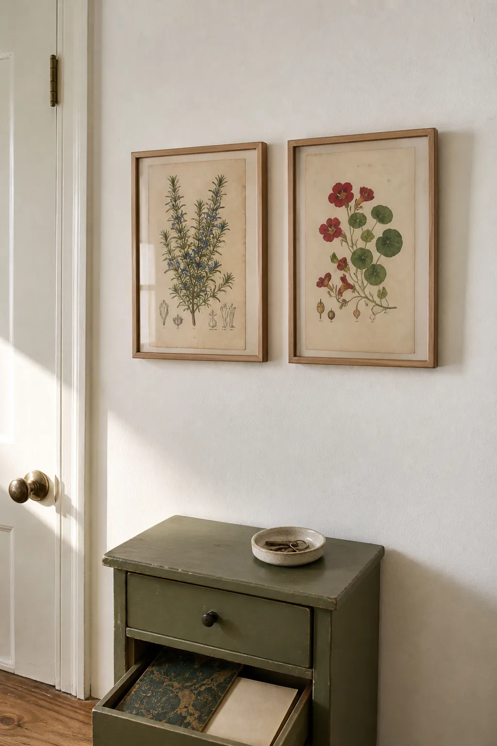 Pair of framed vintage herb book pages in a small apartment