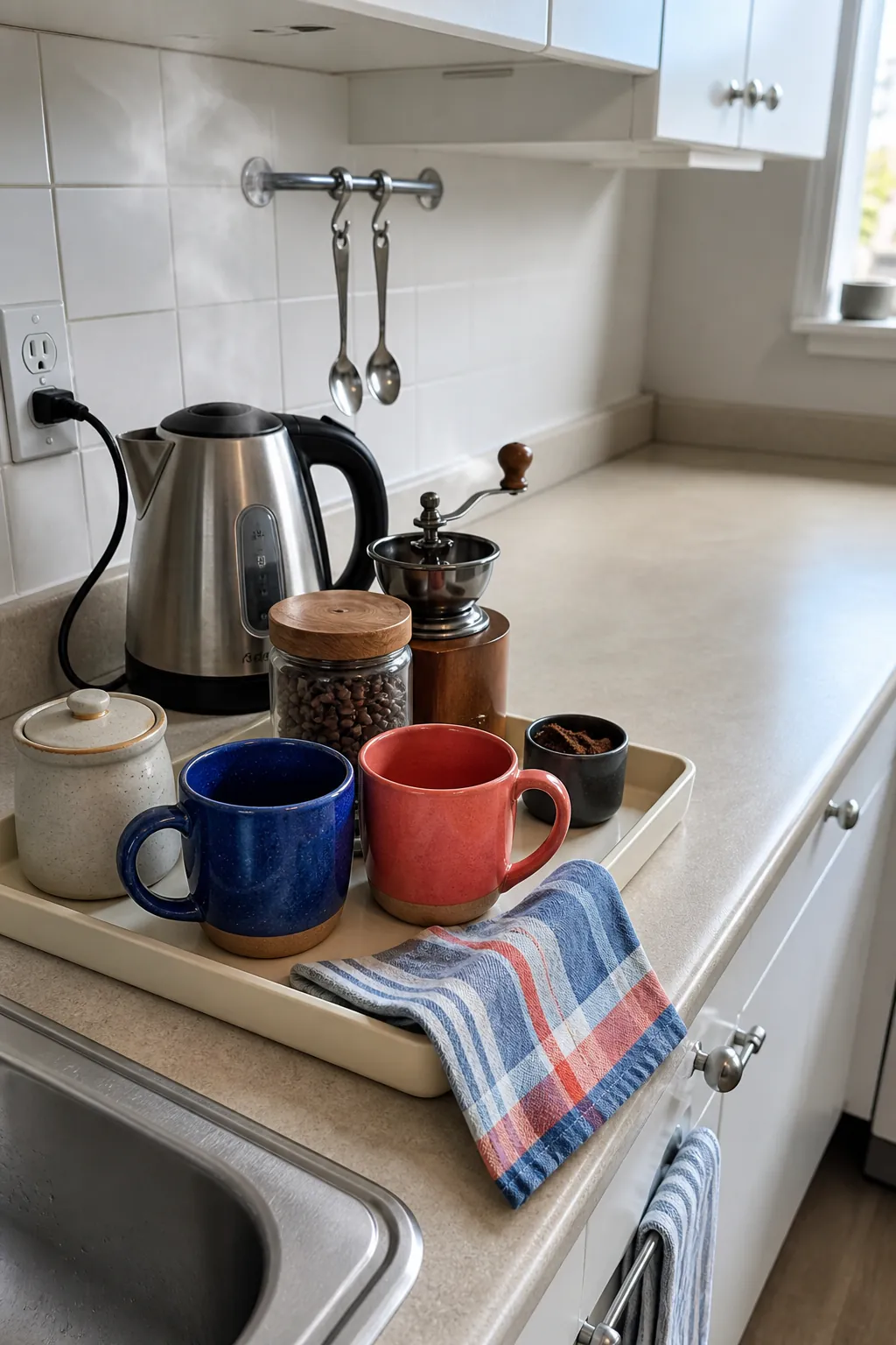 Compact colorful coffee station in a tiny apartment kitchen
