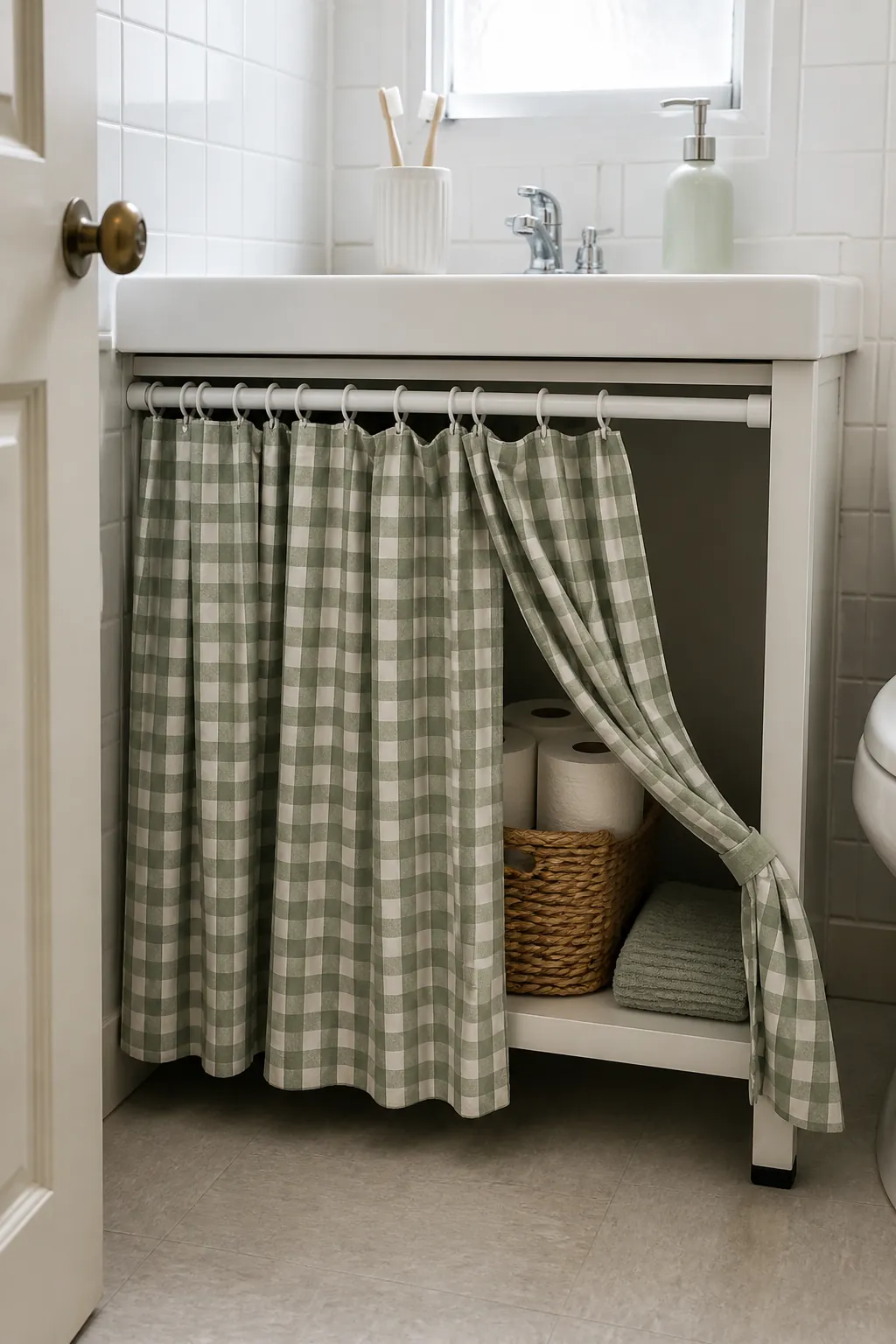 Gingham curtain hiding open storage in a cute small apartment