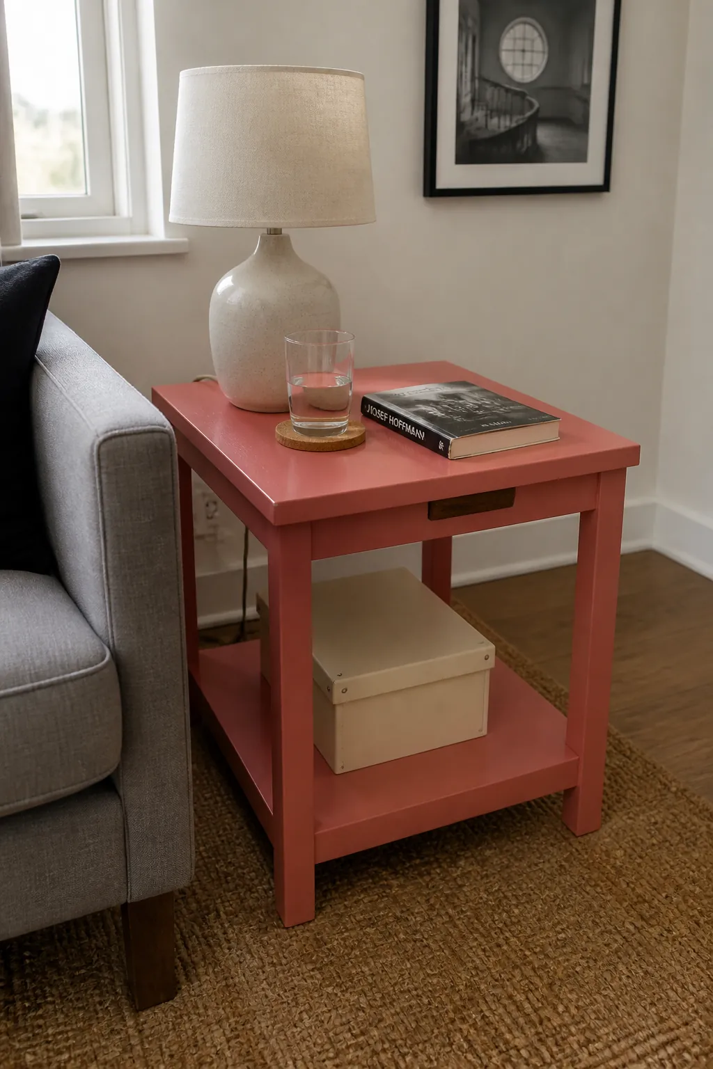Coral painted secondhand side table in a cozy small apartment