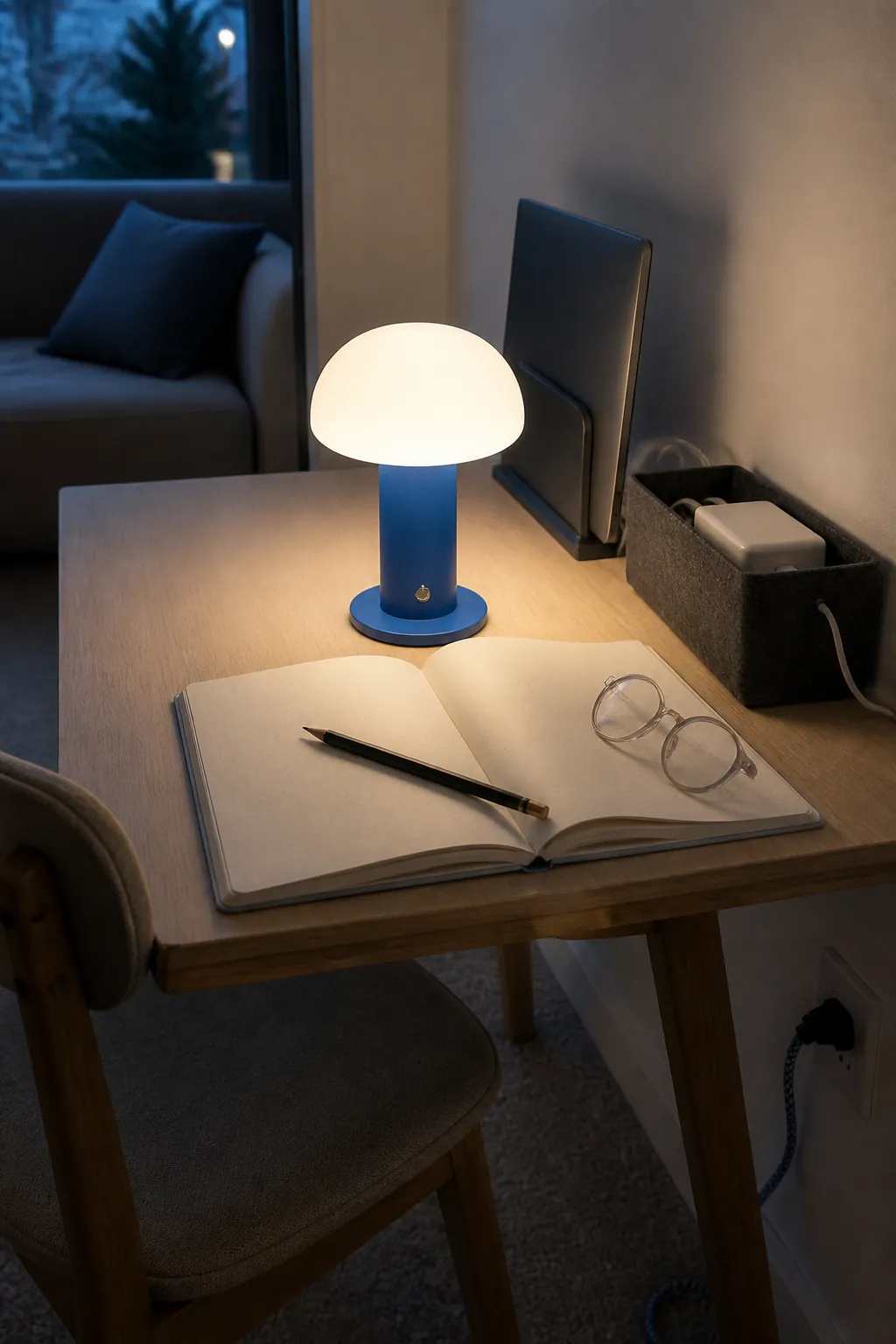 Small mushroom shaped task lamp on a tidy apartment desk
