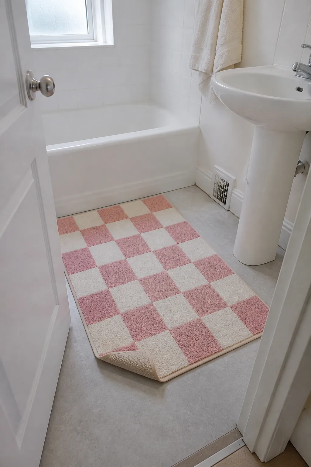Colorful checkerboard mat brightening a tiny rental bathroom