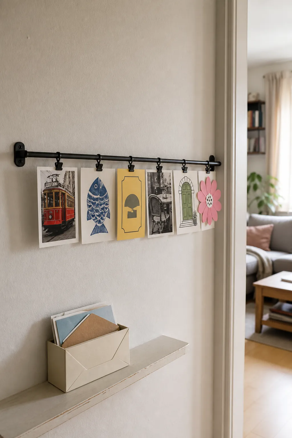 Narrow rail displaying personal postcards in a rental apartment