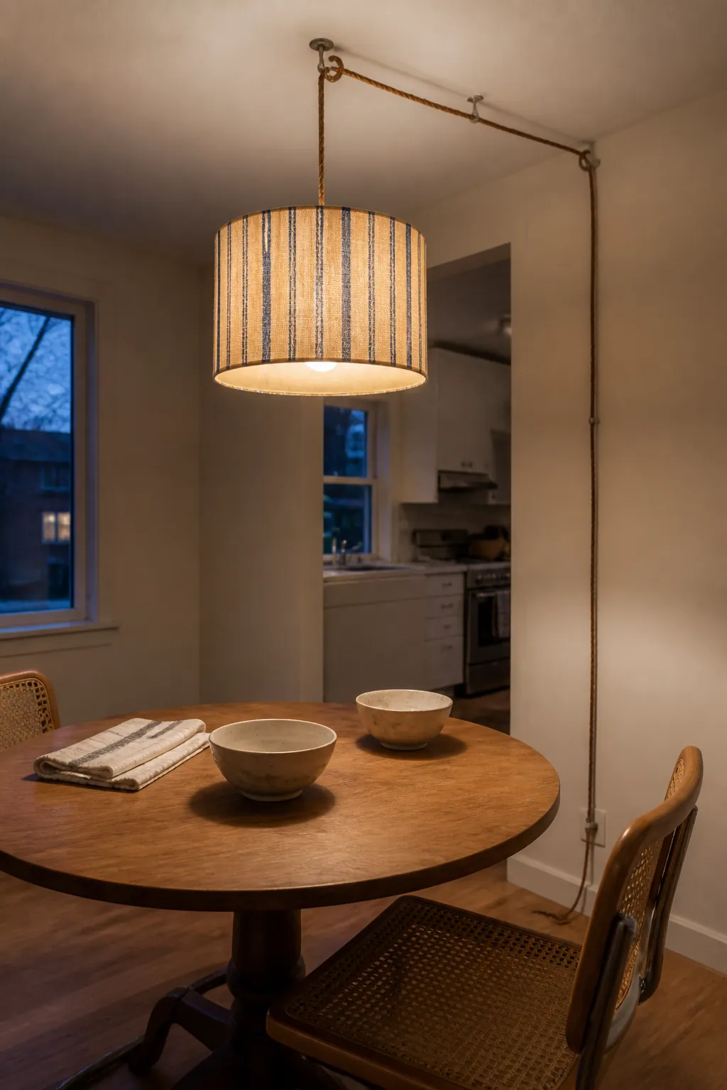 Striped fabric pendant shade softening a small apartment dining nook