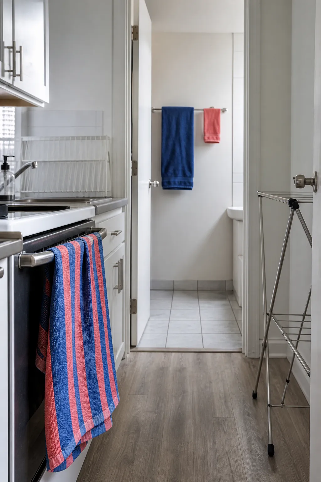 Useful colorful towels connecting small apartment kitchen and bath decor