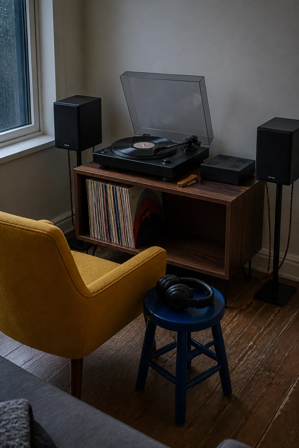 Small colorful record listening corner in a compact apartment