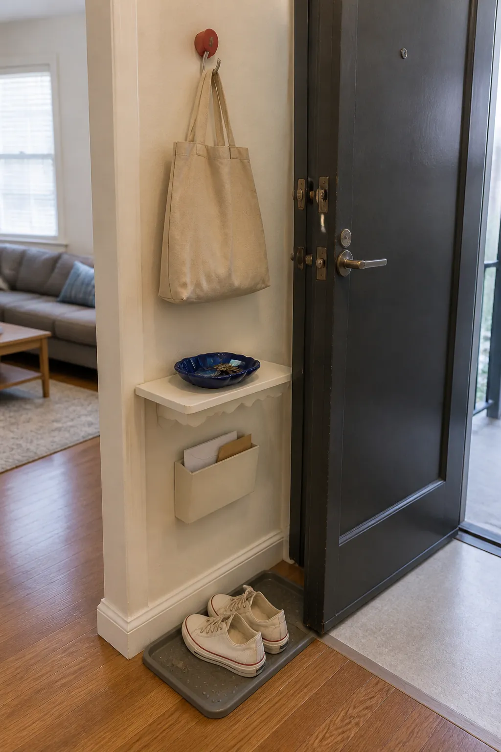 Cheerful key catchall and bag hook in a tiny apartment entry