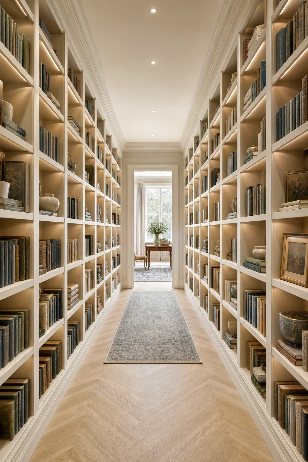 Bright traditional hallway lined with white built-in bookshelves and softly styled decor