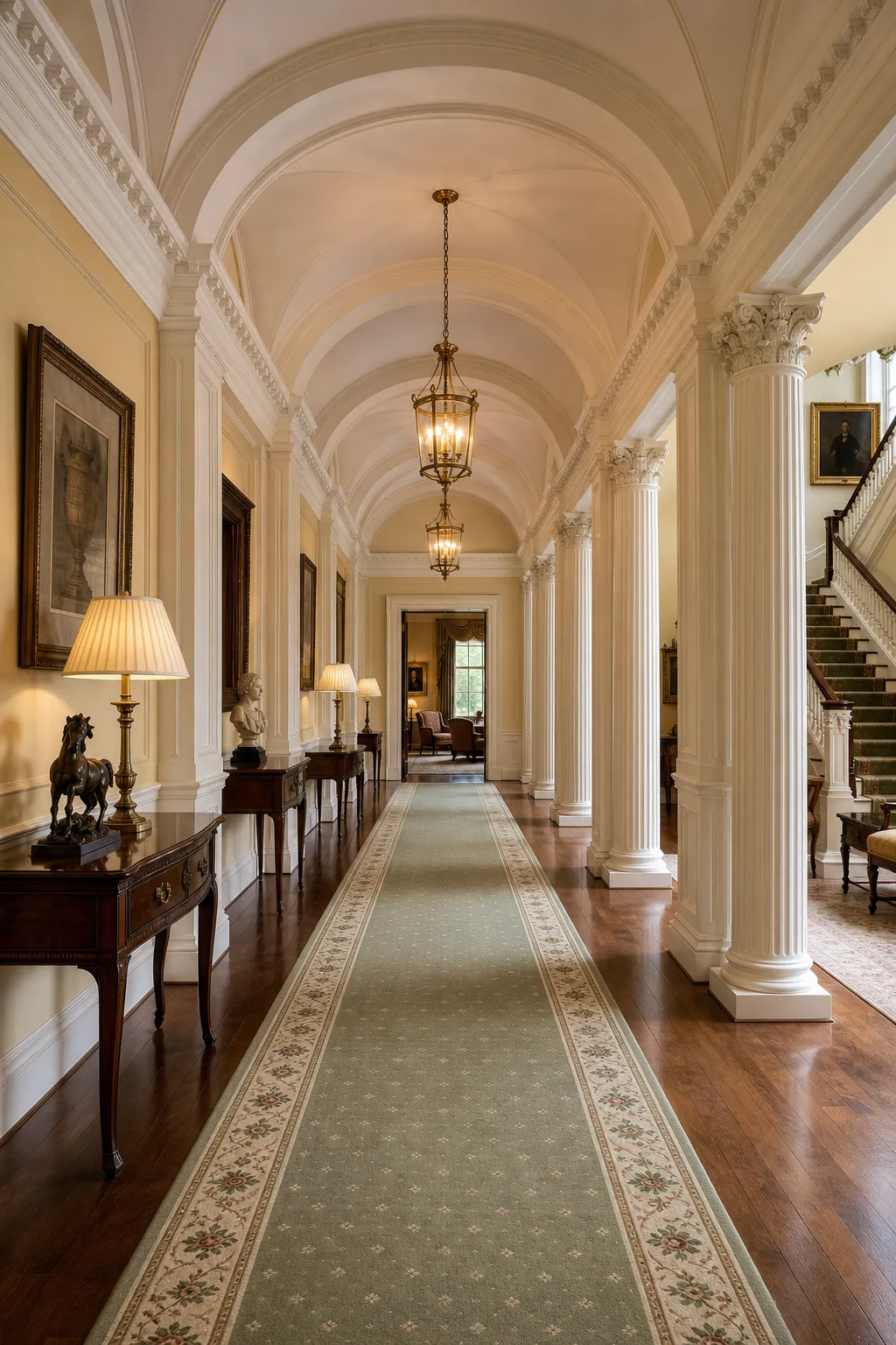 Traditional hallway with classical columns framing a long green runner rug