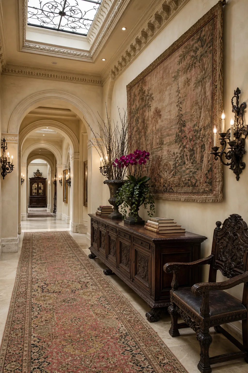 Antique sideboard displayed beneath an arrangement of old-world framed artwork in a hallway