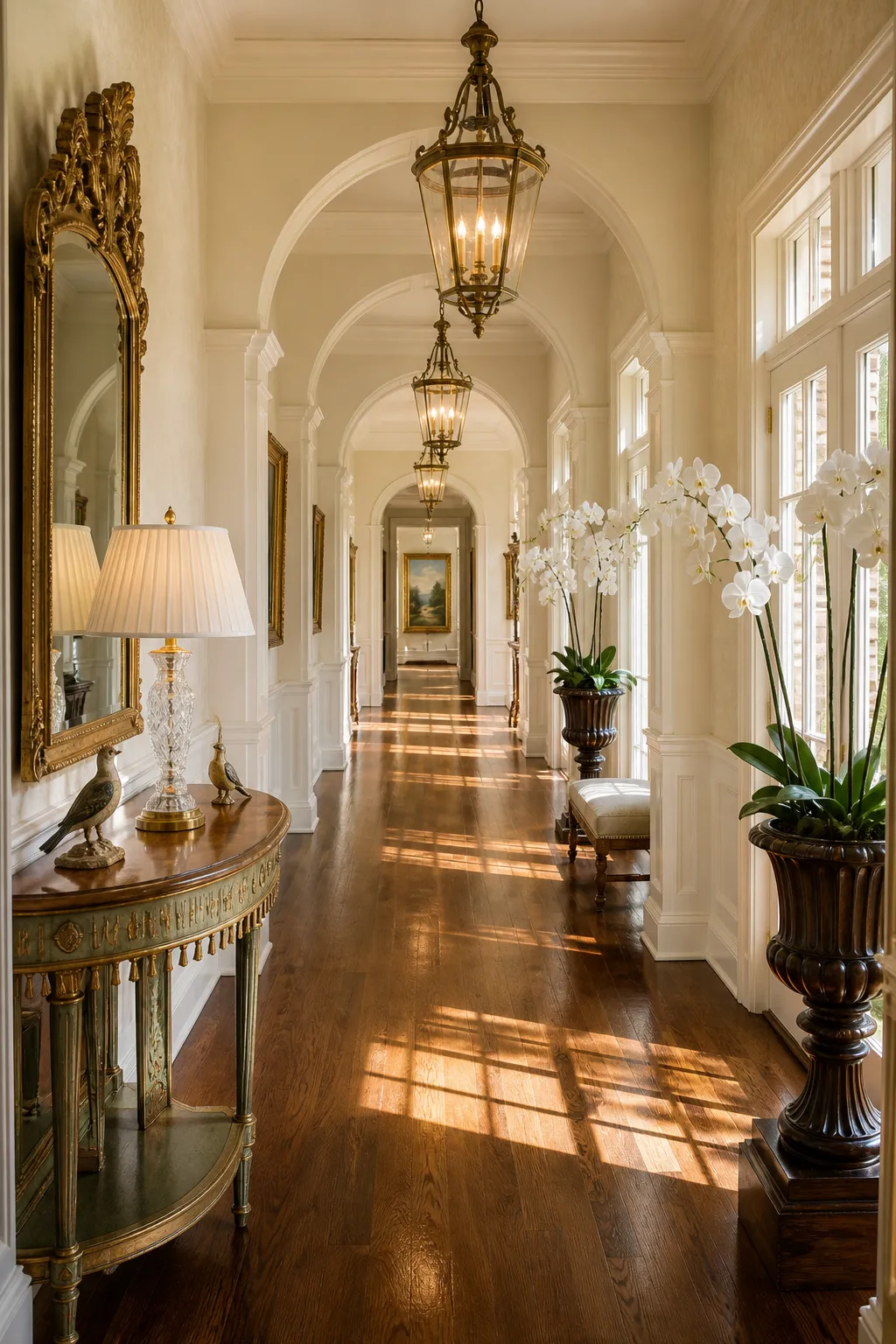 Traditional arched hallway entrance balanced by matching console tables on both sides
