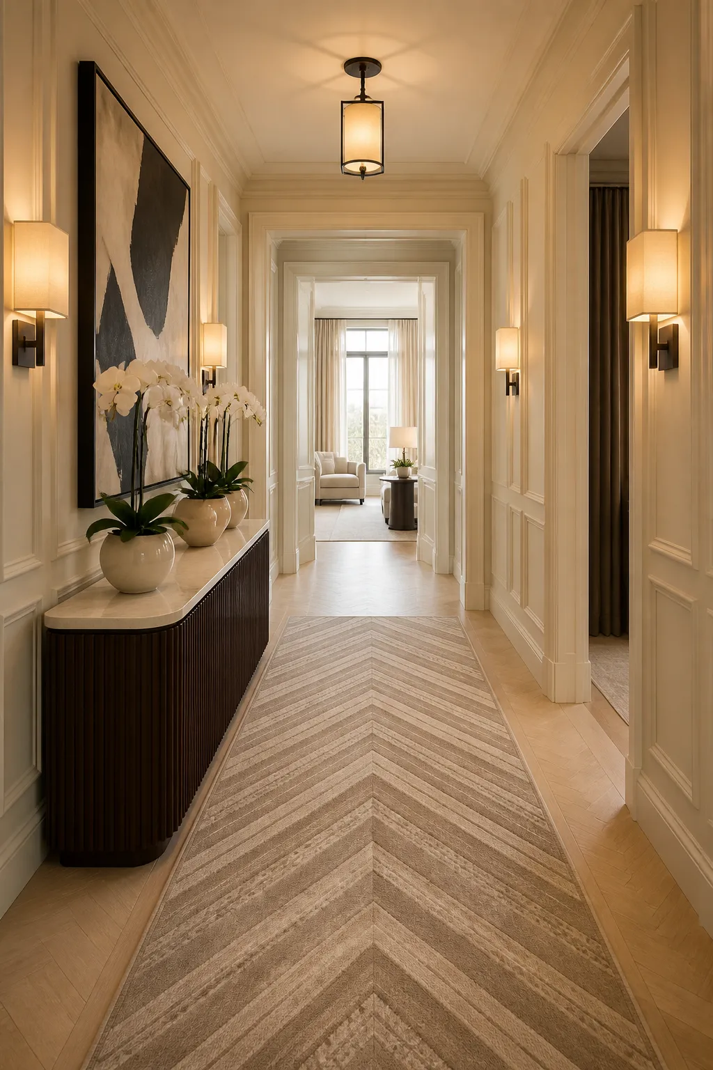 Modern luxury hallway softened by a long chevron-patterned runner rug