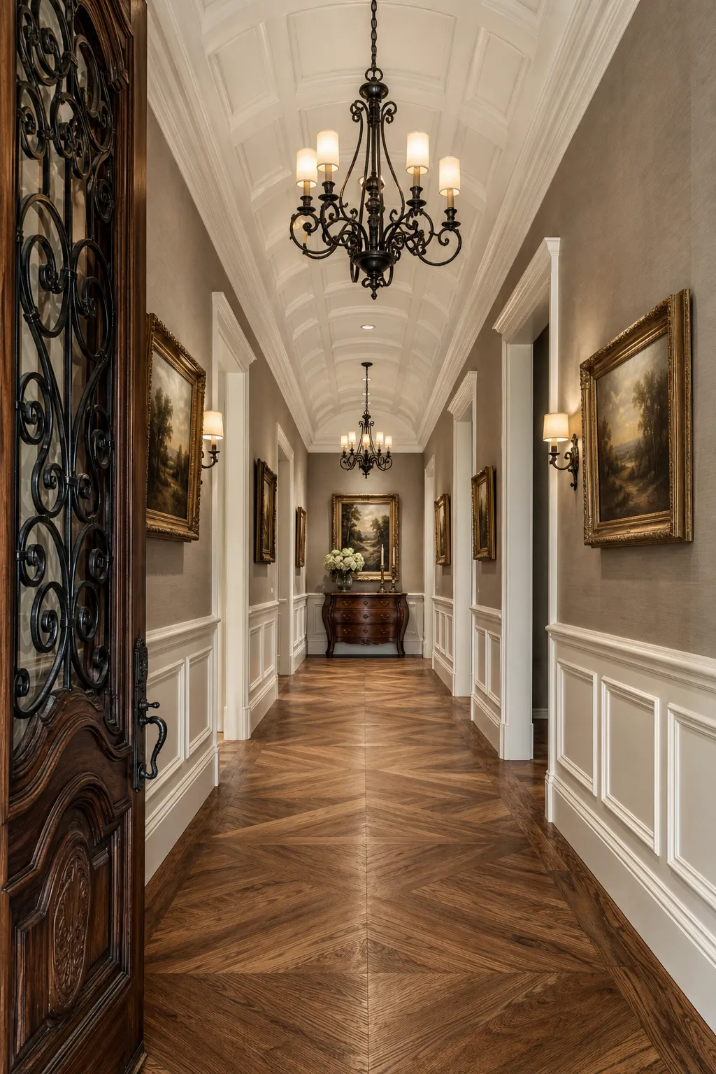 Elegant paneled hallway illuminated by a dramatic statement chandelier