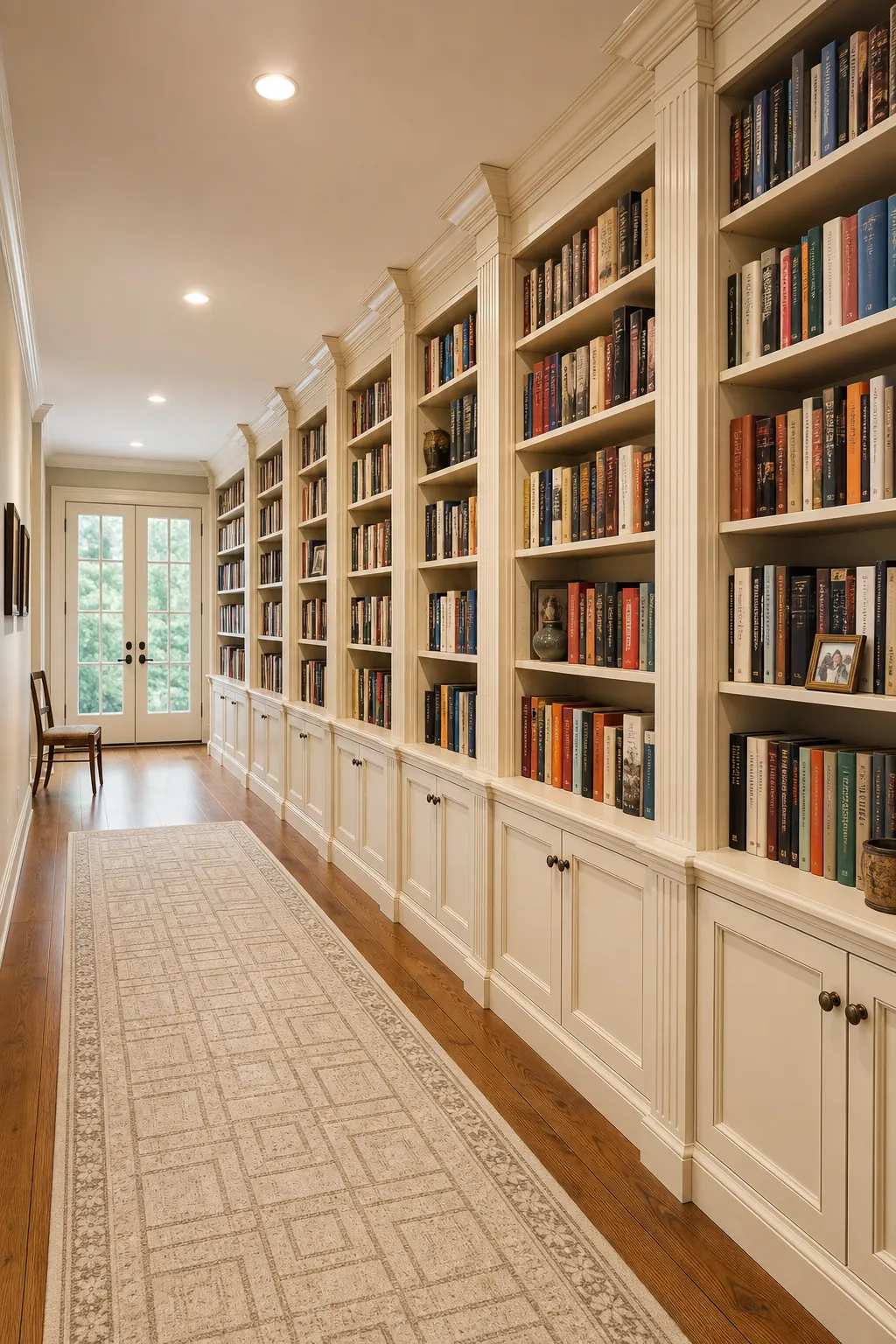 Wide hallway converted into a home library with floor-to-ceiling bookshelves
