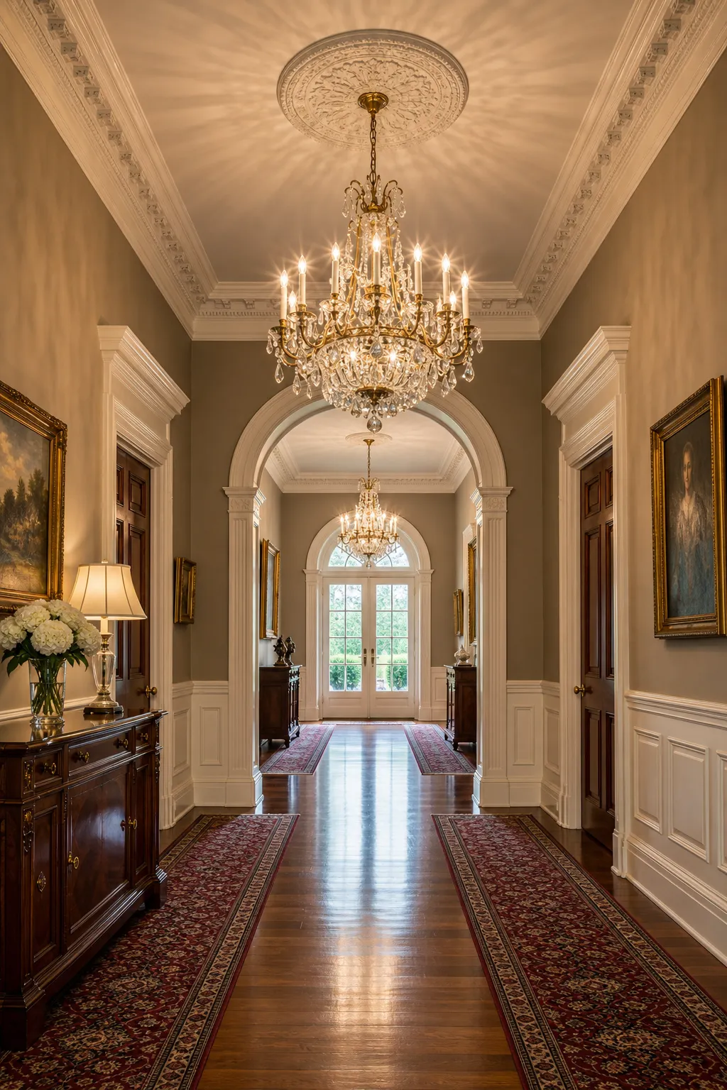 Grand traditional hallway featuring a sequence of sparkling crystal chandeliers
