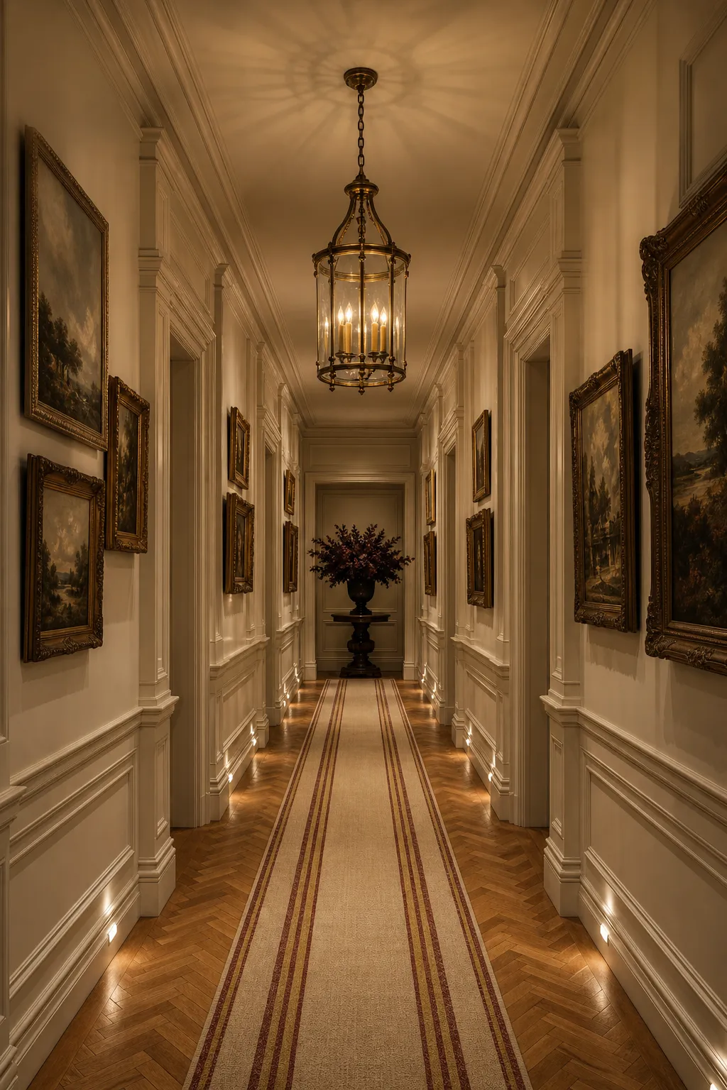 Classic framed artwork coordinated with a striped runner in an elegant hallway