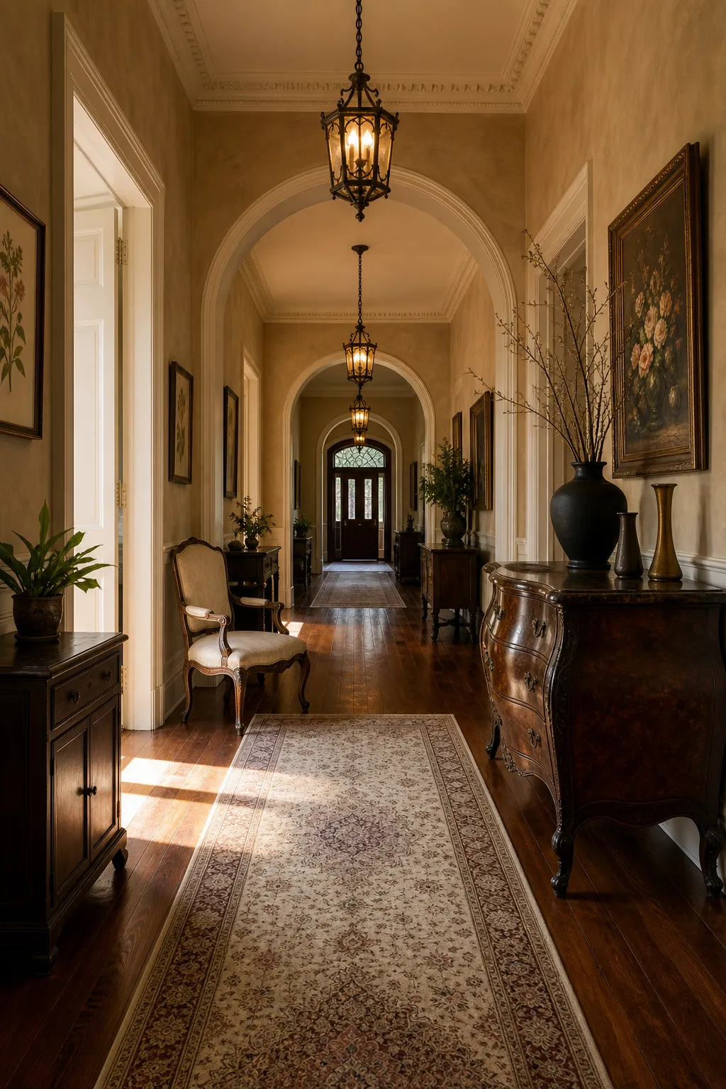 Traditional hallway furnished with a collected mix of antique tables, seating, and decorative objects