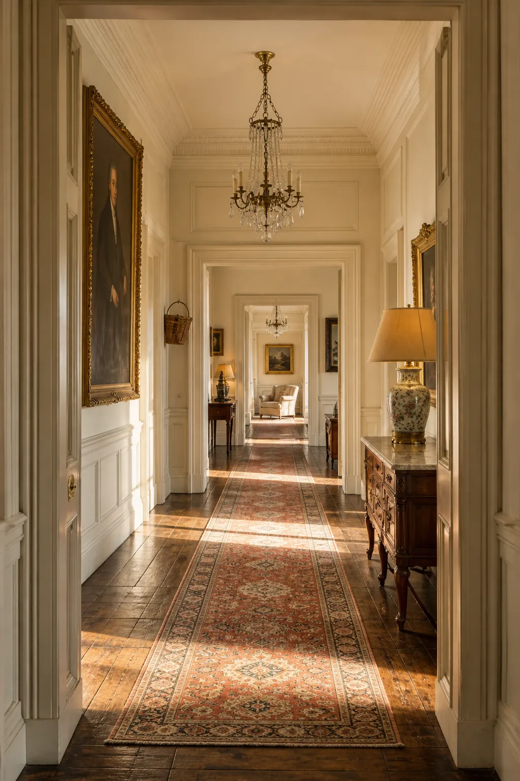 Grand traditional hallway brightened by a long light-toned runner rug