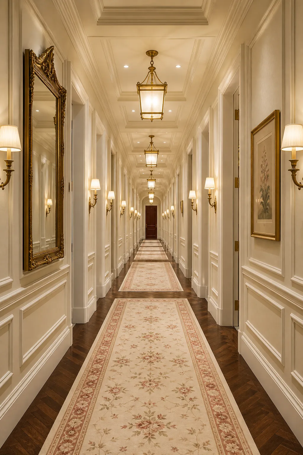Traditional hallway with paneled walls and coordinated runner rugs arranged in sequence