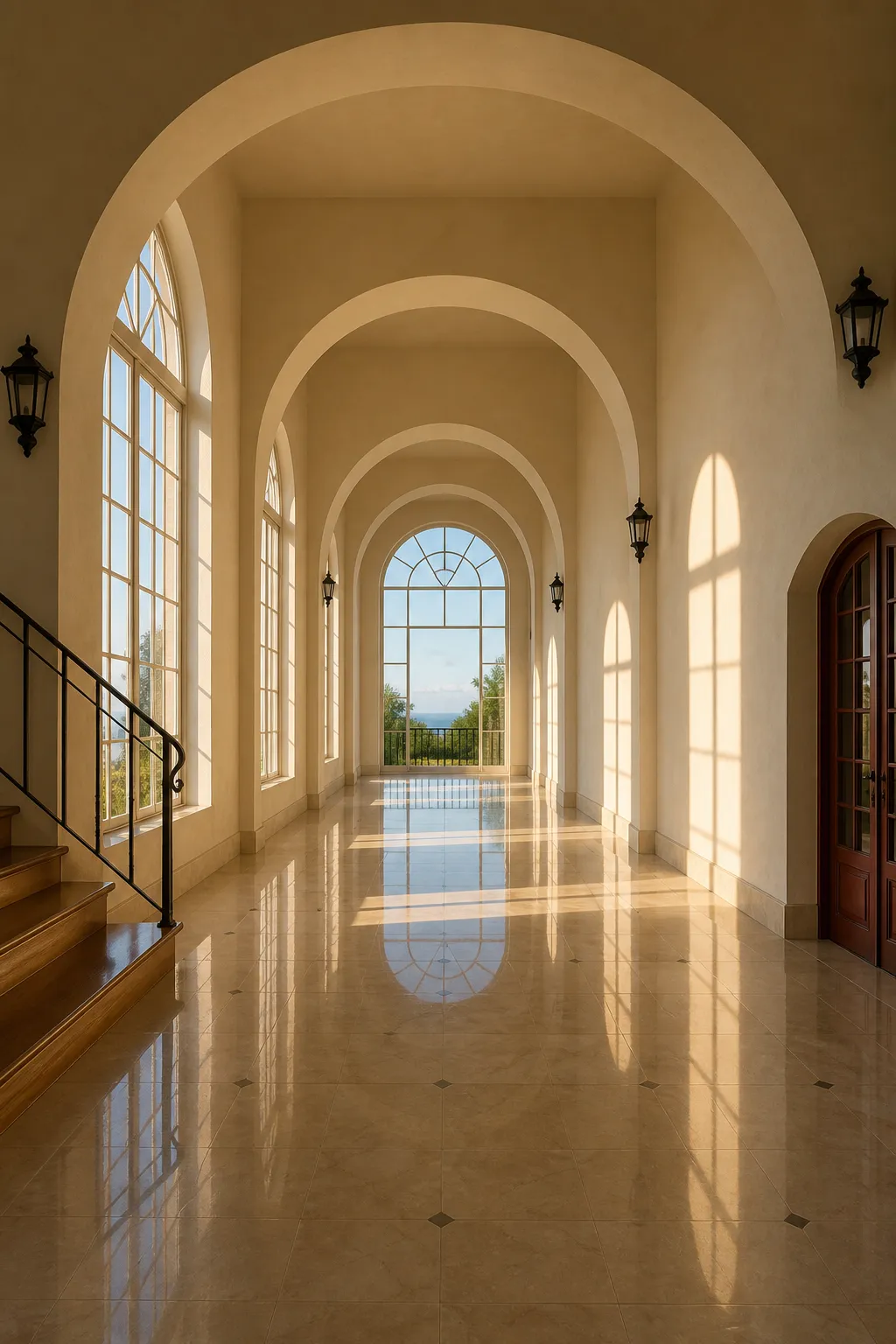 Sunlit arched hallway with natural light reflecting across polished marble flooring