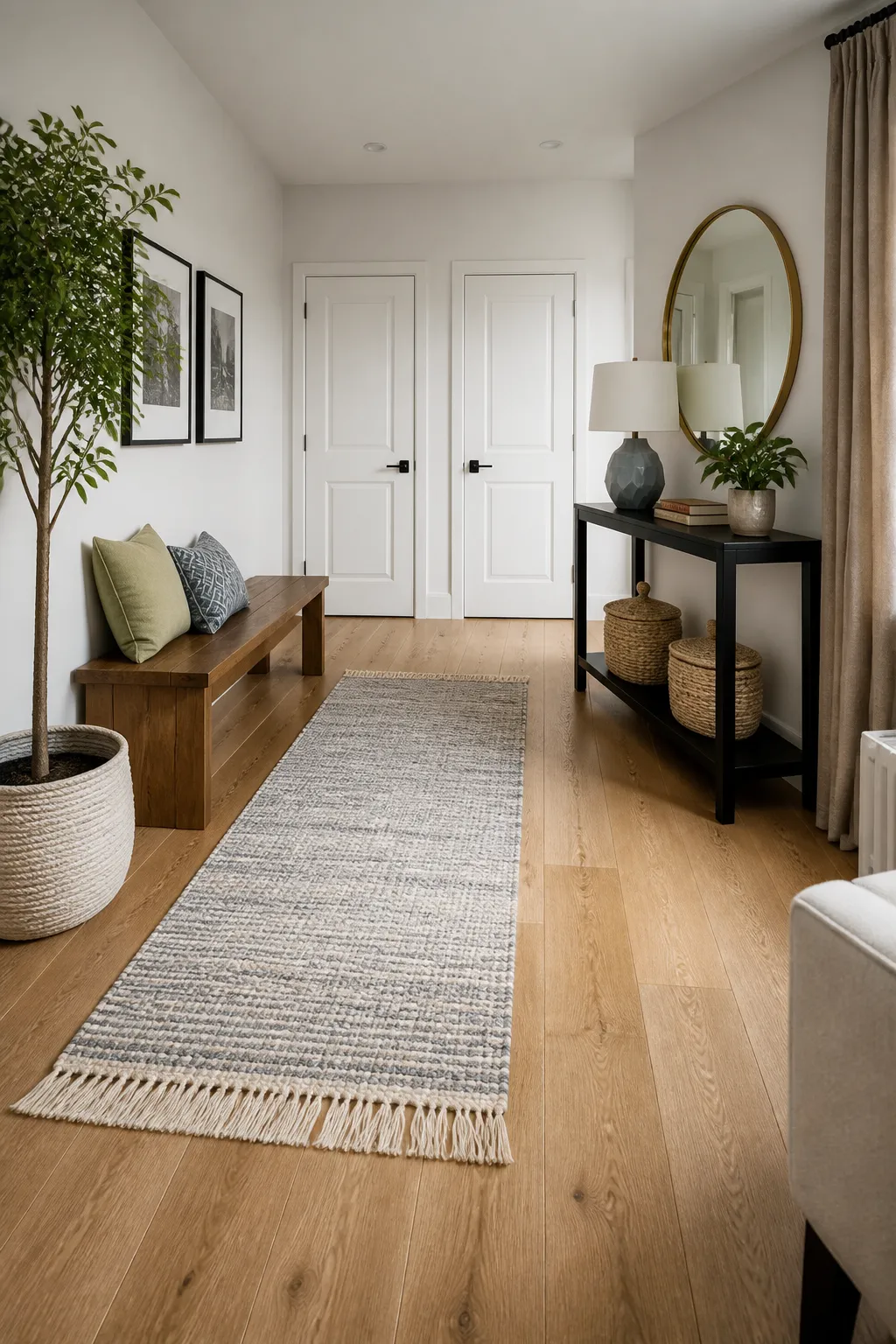 Modern entry hallway furnished with a streamlined bench and coordinating console table