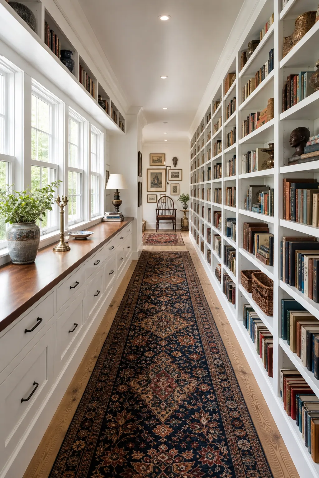 Underused hallway wall transformed with bookshelves into a cozy home library
