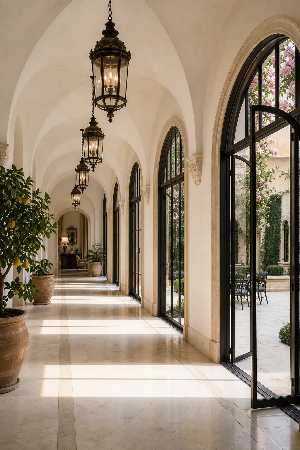 Mediterranean-style hallway gallery framed by a sequence of graceful arches