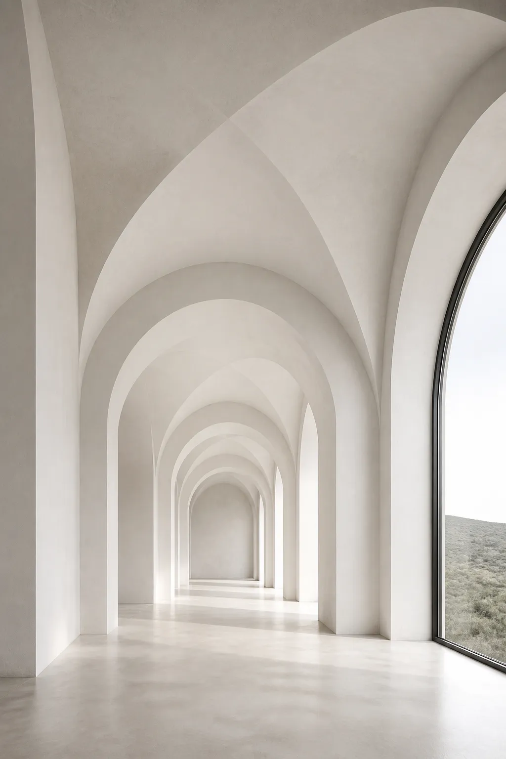 Minimal white hallway with smooth sculptural arches and a serene neutral finish