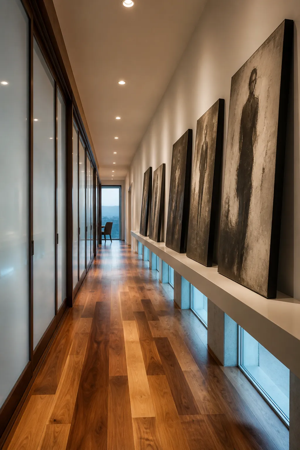 Warm modern hallway lined with carefully spaced contemporary artwork
