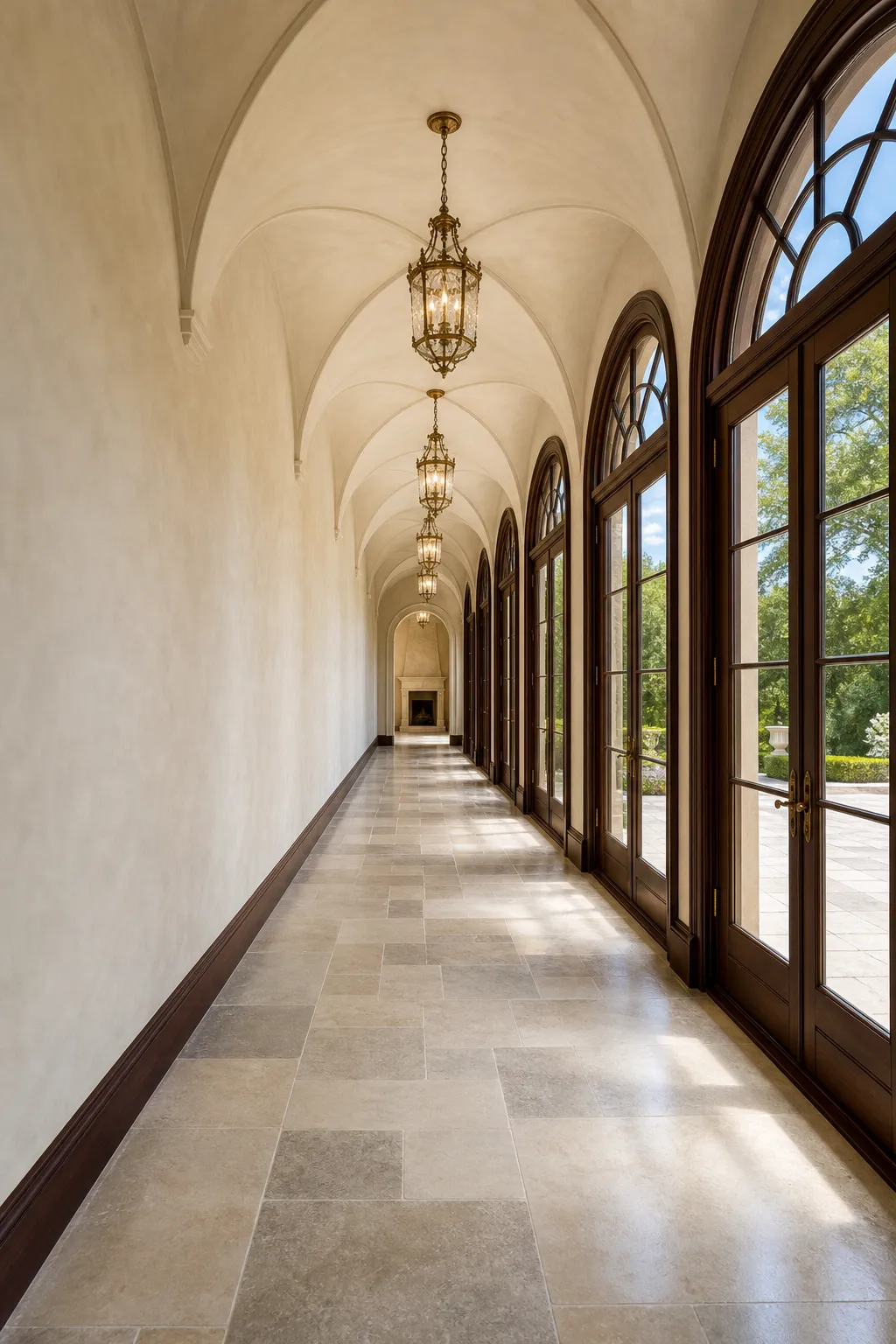 Elegant hallway featuring arched French doors with traditional glass panes